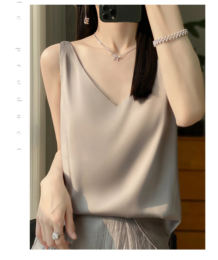 2024 New Silk Satin Women's Tank Top Basic V-neck Multi Color White Black Women's Sleeveless Top Summer Sexy Bottom