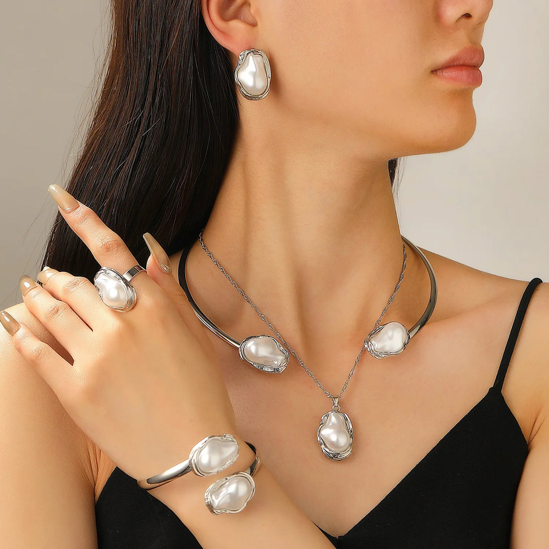 Elegant Baroque Imitation Pearl Choker Necklace Bangles Ring Earrings Set Women Chunky Circle Open Torques Collar Jewelry Set