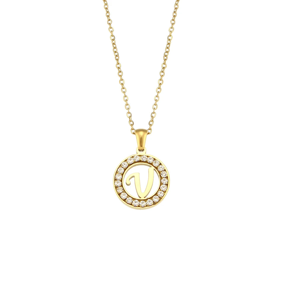 E.B.belle Hollow Round Zircon Paved 26 Alphabet Initial Necklace Ladies Elegant Birthday Gift 18K Gold Plated Letter Necklace