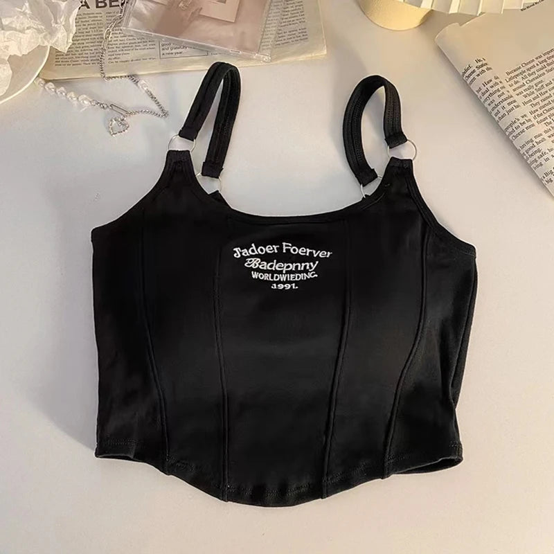 Women Embroid Letter Tank Tops With Bra Pad Casual Camis Y2K Crop Tops For Women Shoulder Belt Iron Ring Tank Tops