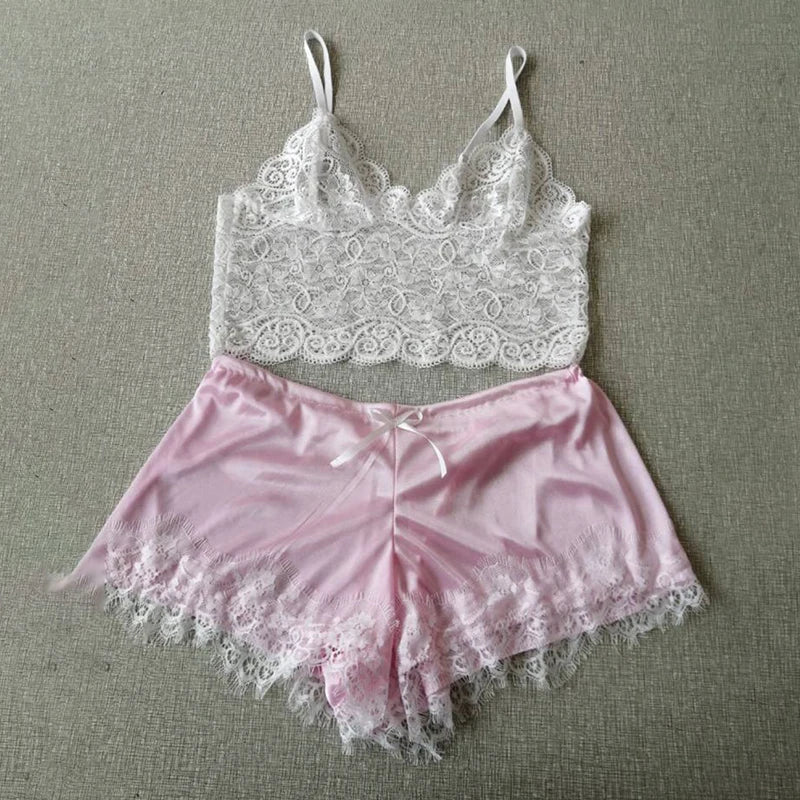 Womens Sexy Lace Sleepwear Lace Nachtkleding Lingerie Sleeveless V-Neck Babydoll Pajamas Set Lingerie Tops Shorts Set Nightwear