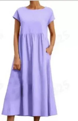 2024 Summer New Short Sleeved Women's Dress With Loose Casual Pockets Solid Color Round Neck Pullover Long And Elegant Dress