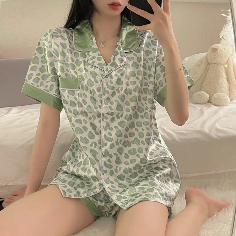 Cartoon Black Cat Cute Women Two-piece Pajamas Simulated Silk Summer Cool Short Lady Sleepwear 2024 New Classic Female Housewear
