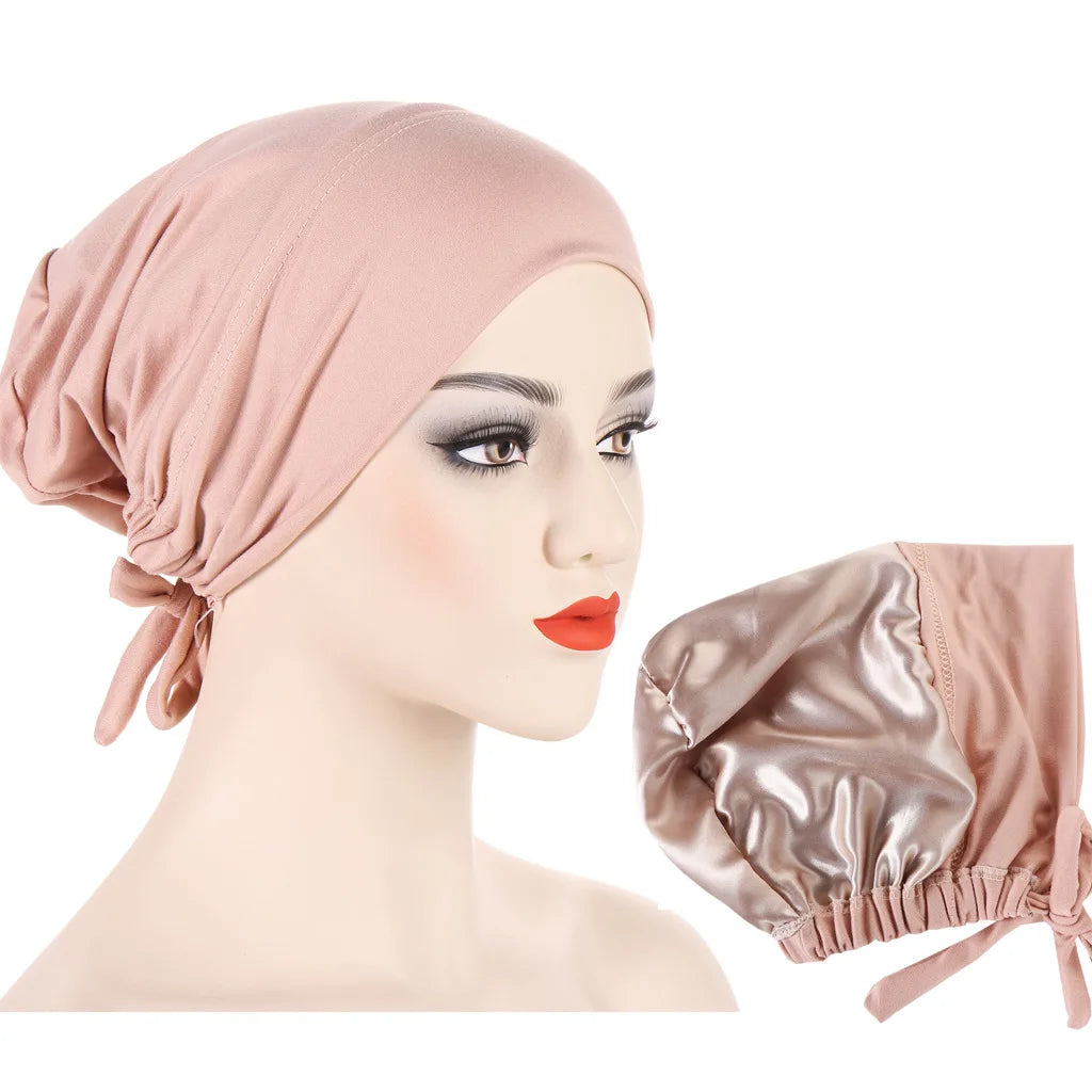 Double Layer Satin Hijab Cap for Women, Islam Undercap with Tie Bonnet, Instant Hijabs, Turkish Scarves, Muslim Turban, Bandana