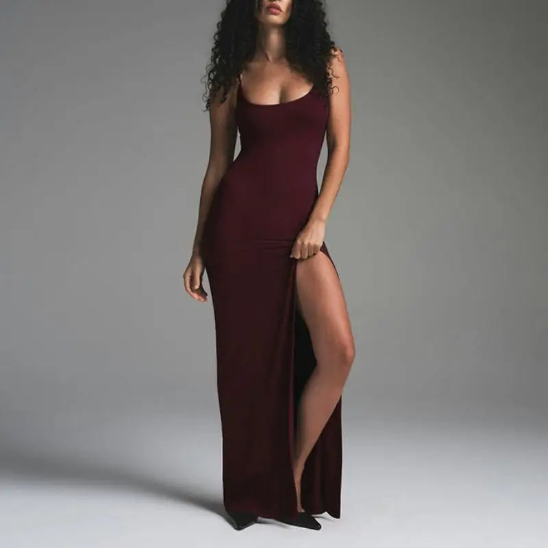 TRAF New versatile basic dress, halter high-slit dress, simple and elegant ankle-length dress, for date and vacation