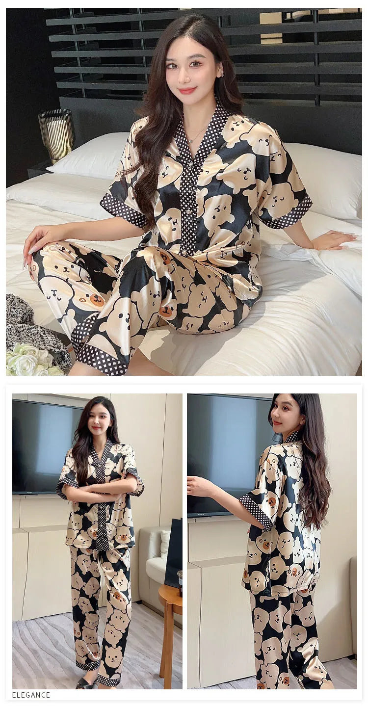 Pajamas Women Ice Silk Cardigan Short Sleeve Long Pants Fashion Casual Silk Wearable Homewear Green Letter Suit