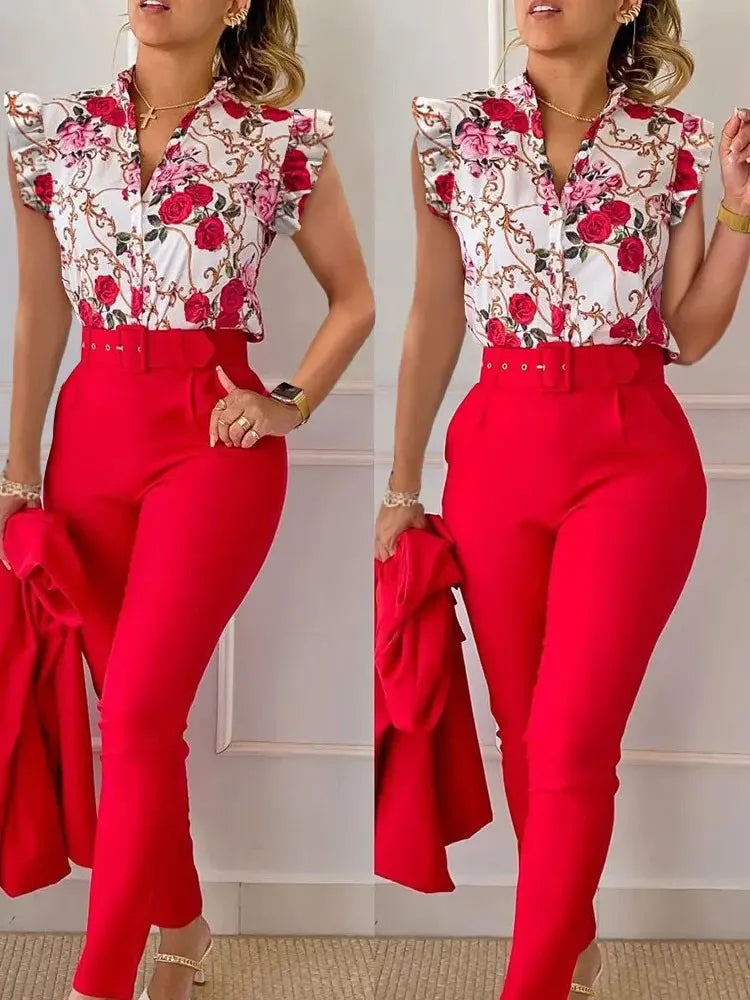 Spring Summer Women's New Printed Lotus Leaf Sleeveless Shirt Suit Elegant Slim Femal Office  Long Pants Belt Two Piece Set 2025