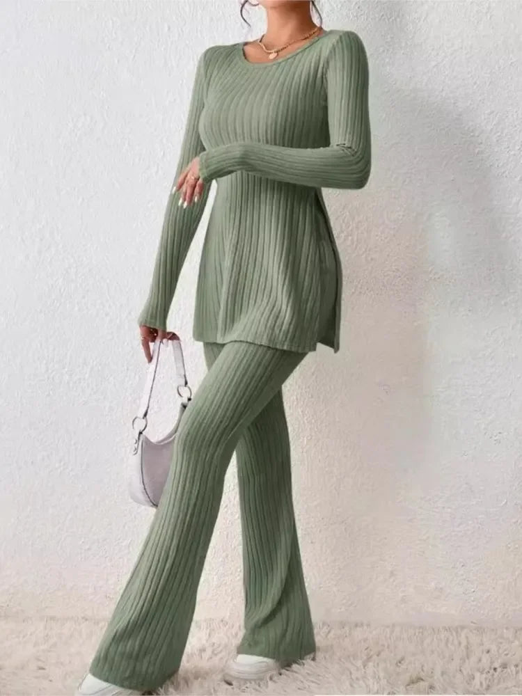 Autumn Winter Fashion Knit Suit 2024 Casual Loose Pullover+Elastic Long Pants Print Knitted Solid Two Pieces Sets Women Clothing