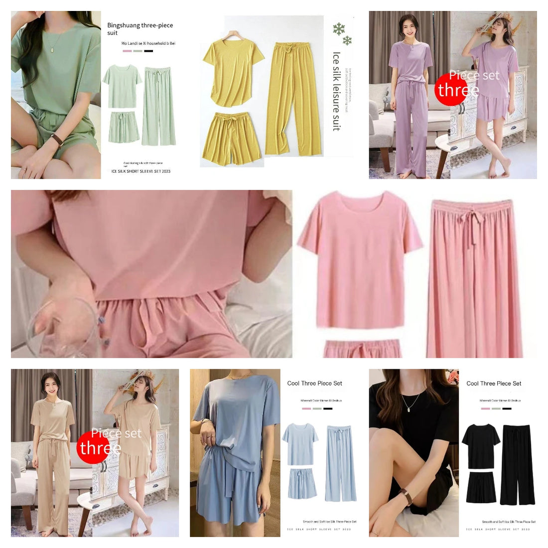 Ice Silk Pyjamas Three-Piece Set Women's Female Home Wear Trousers Simple Leisure Comfortable Loose Short-Sleeved Girl Sleepwear