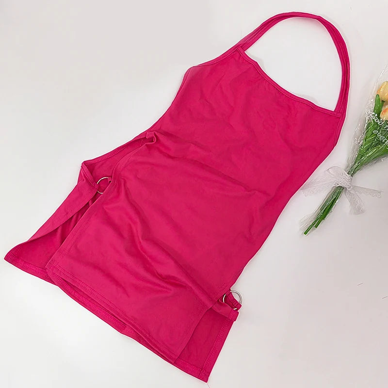 New Solid Color Sling Mini Dress Metal Buckle HollowHip Deep Split Metal Circle Decoration Hottie Girls Spicy Clubwear Street