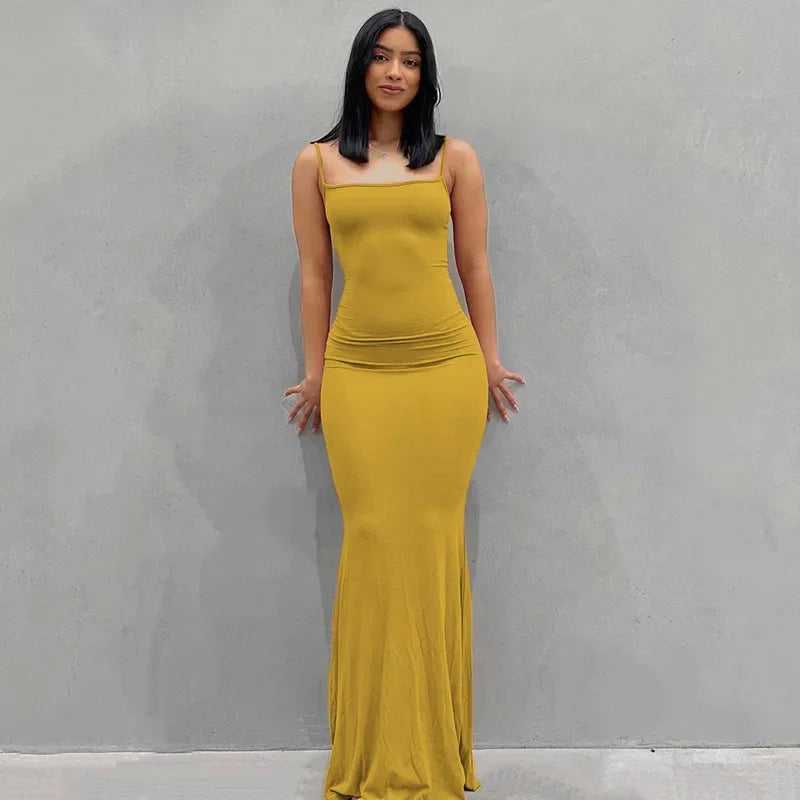 Y2K Backless Sexy Maxi Dress for Women 2025 Spring Slip Sleeveless Slim Party Concise Платье Female Bodycon Black Dress Vestidos