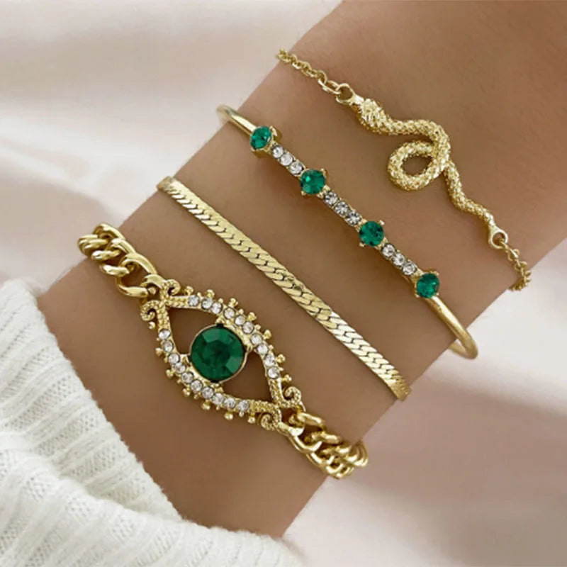 5 PCS Set Hallow Out Heart Green Crystal Stone Bracelet Set For Women Gold Color Lovely Butterfly Rhinestone Girls Bracelet Set
