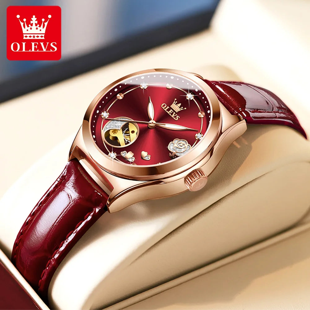 OLEVS Luxury Brand Women Mechanical Watch Leather Strap Waterproof Simple Fashion Ladies Automatic Wristwatch Relojes Para Mujer