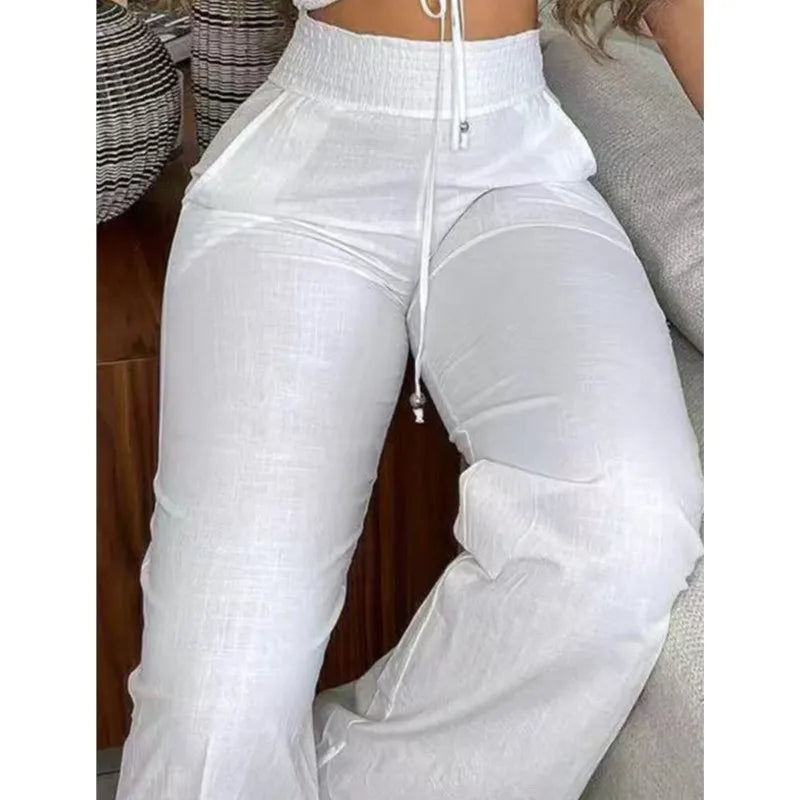 Sexy Women's 2-piece Sets Suit Spring Summer White Waistless Slim-fitting Bandeau Wide-leg Trousers Fashion Suit Women Clothing