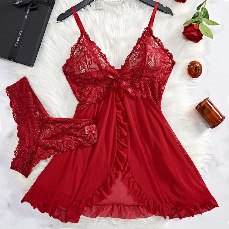 Halter Summer Dress V-neck Lace Tulle Nightgown Sexy Panties Women's Pajamas Plus Size Lingerie Delicate Set Ultra-thin Homewear