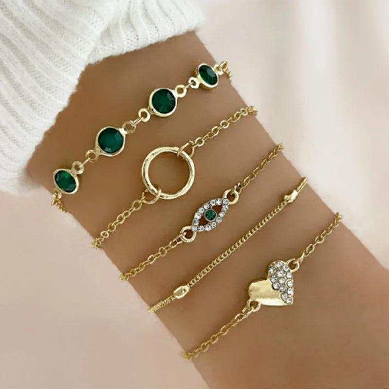 5 PCS Set Hallow Out Heart Green Crystal Stone Bracelet Set For Women Gold Color Lovely Butterfly Rhinestone Girls Bracelet Set