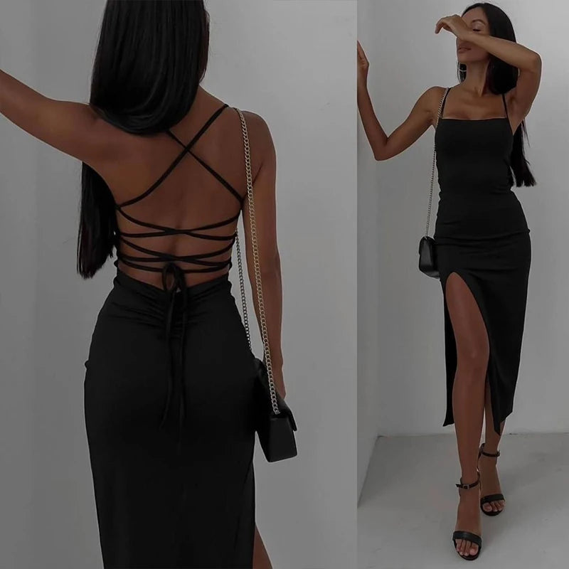 Summer Fashion Dress Women New Sleeveless Backless Bandage Bodycon Sexy Split Dresses Casual Streetwear Club Party Elegant Dress