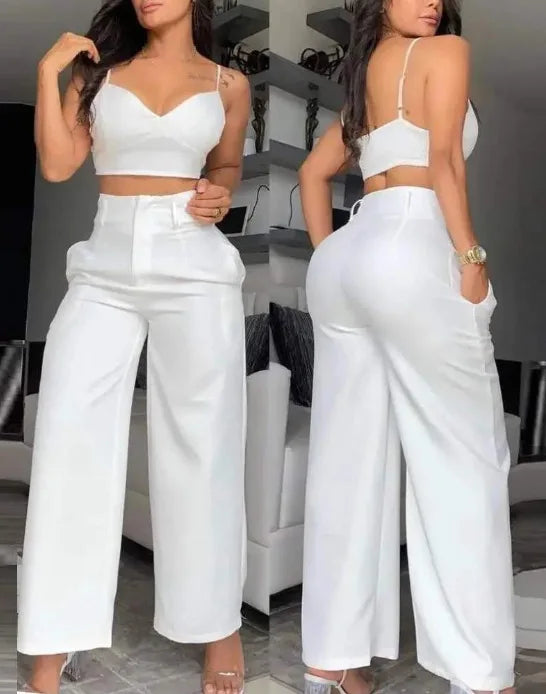 Women's Fashion Solid 2 Piece Sets Sexy V Neck Spaghetti Strap Short Tops + High Waist Wide Leg Pants Two Piece Sets Lady Summer