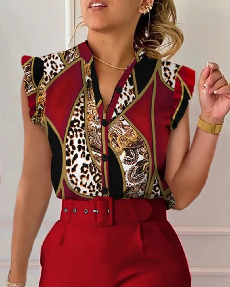 Spring Summer Women's New Printed Lotus Leaf Sleeveless Shirt Suit Elegant Slim Femal Office  Long Pants Belt Two Piece Set 2025