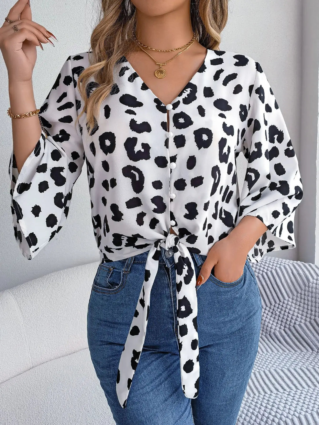 Spring Summer Casual Leopard Print Middle Sleeve Tie Bow Top Women Button Shirt