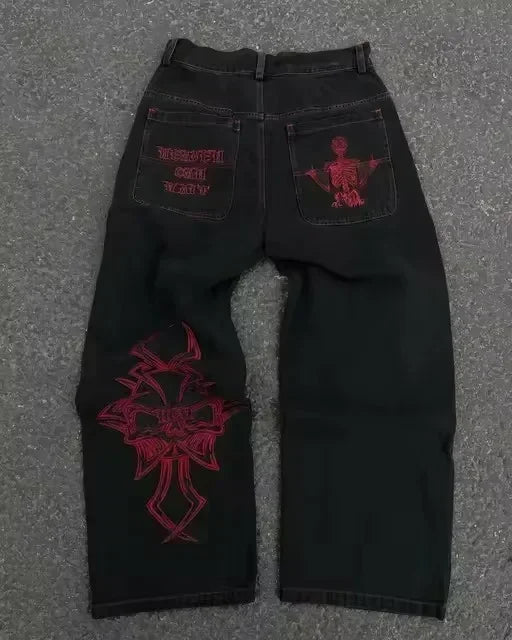 Gothic Vintage Jeans Y2K Clothes Men Women Harajuku Pocket Embroidery Retro Blue Baggy Jeans High Waist Slim Flared Trousers