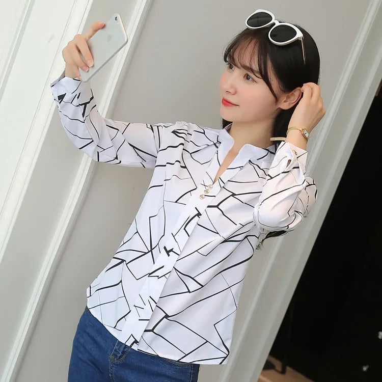 Stripe Women Blouse Fashion Standing Collar Women's Shirt Long Sleeved Shirts and Blouses Printing Ladies Tops Basic Womens Tops