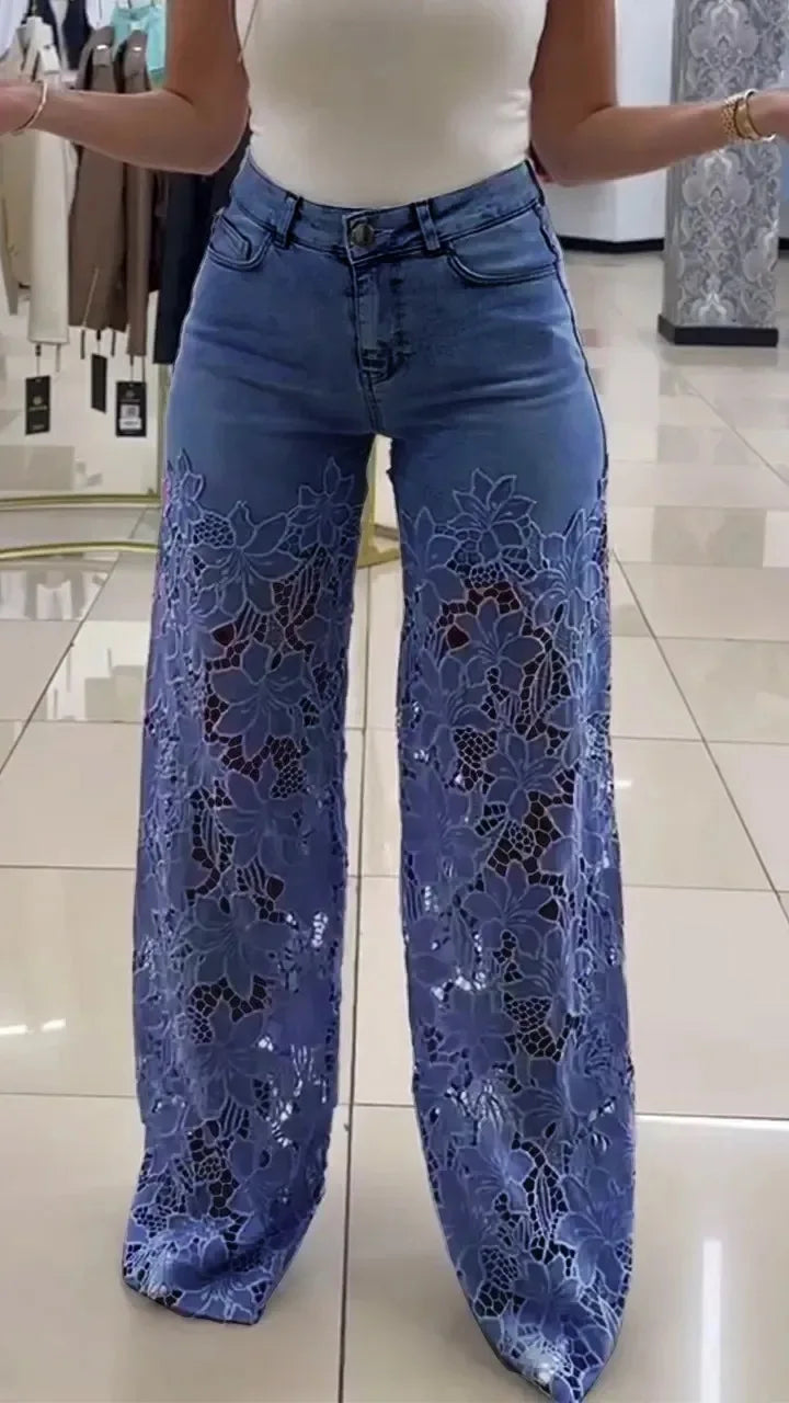 Women's Spring Summer Fashion Hollow Out Lace Splicing Denim Drape Pants Full Length Trousers