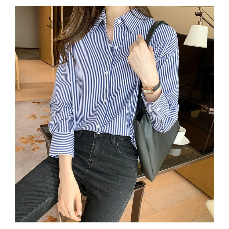 Korean Loose Shirt Classic Striped Woman Spring Autumn Blouses Shirt Lady Long Lantern Sleeve Stand Collar Loose Blusas Tops