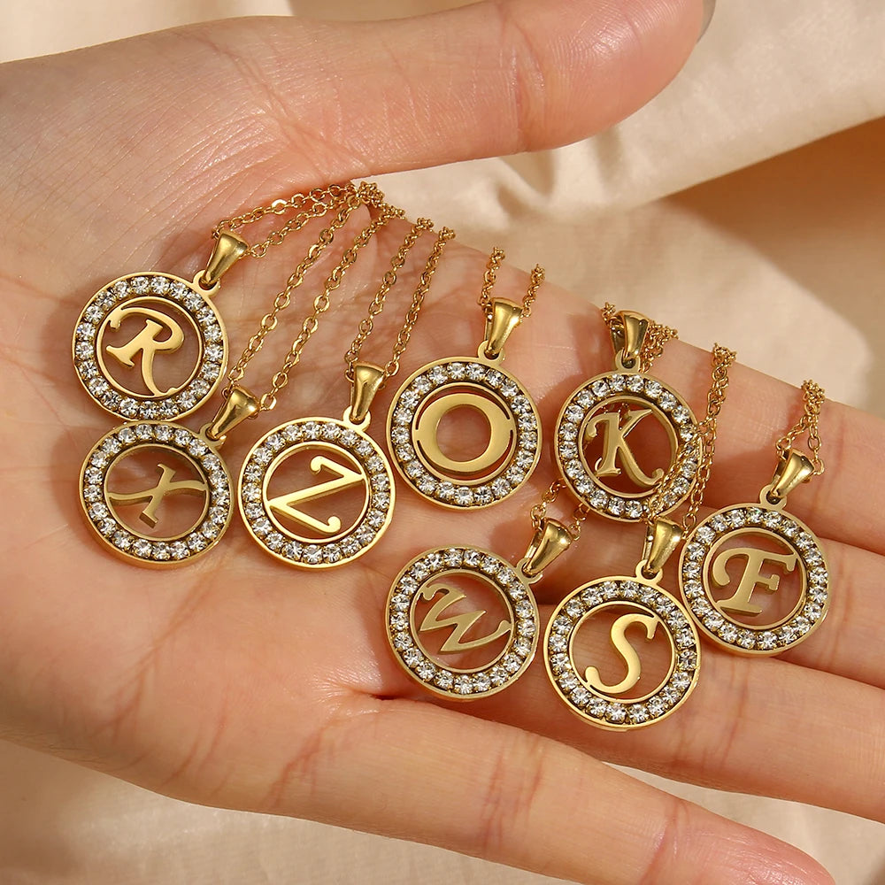 E.B.belle Hollow Round Zircon Paved 26 Alphabet Initial Necklace Ladies Elegant Birthday Gift 18K Gold Plated Letter Necklace
