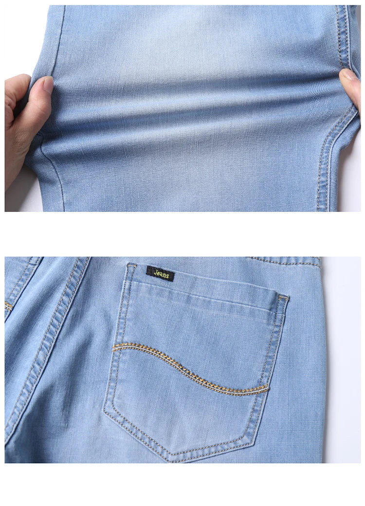 Summer Classic Shorts Jeans Men Denim Pants Straight Stretch Casual Cool Thin Knee Length Sky Blue Fashion Brand Daily Trousers
