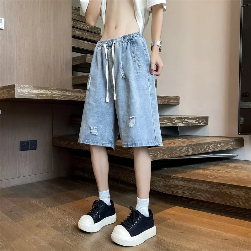 Summer Baggy Ripped Jorts For Men Y2K Streetwear Denim Shorts Retro Casual Shorts Pants Wide Leg Straight Blue Bermuda Jean