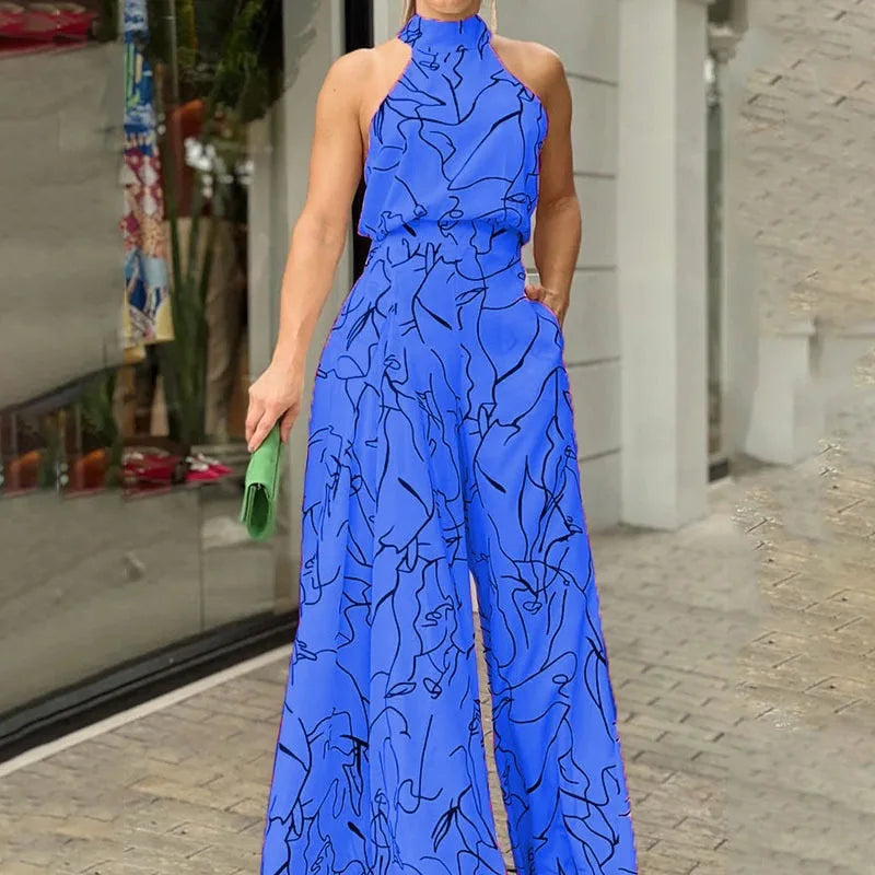 Women's New Fashion Round-neck Sexy Printed Jumpsuit Trousers Simple Sleeveless High Waist Tie Temperament Commuting Jumpsuit