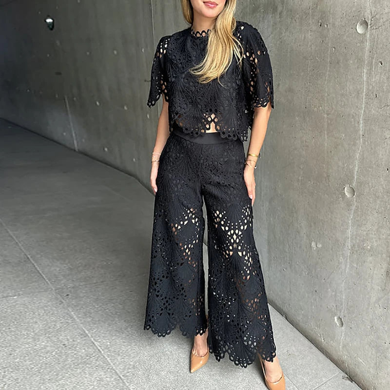 Trendy Solid Set Summer New Lace Embroidery Ruffles Elegant Outfits Women Hollow Out O Neck Half Sleeve Tops&Wide Leg Pants Sets