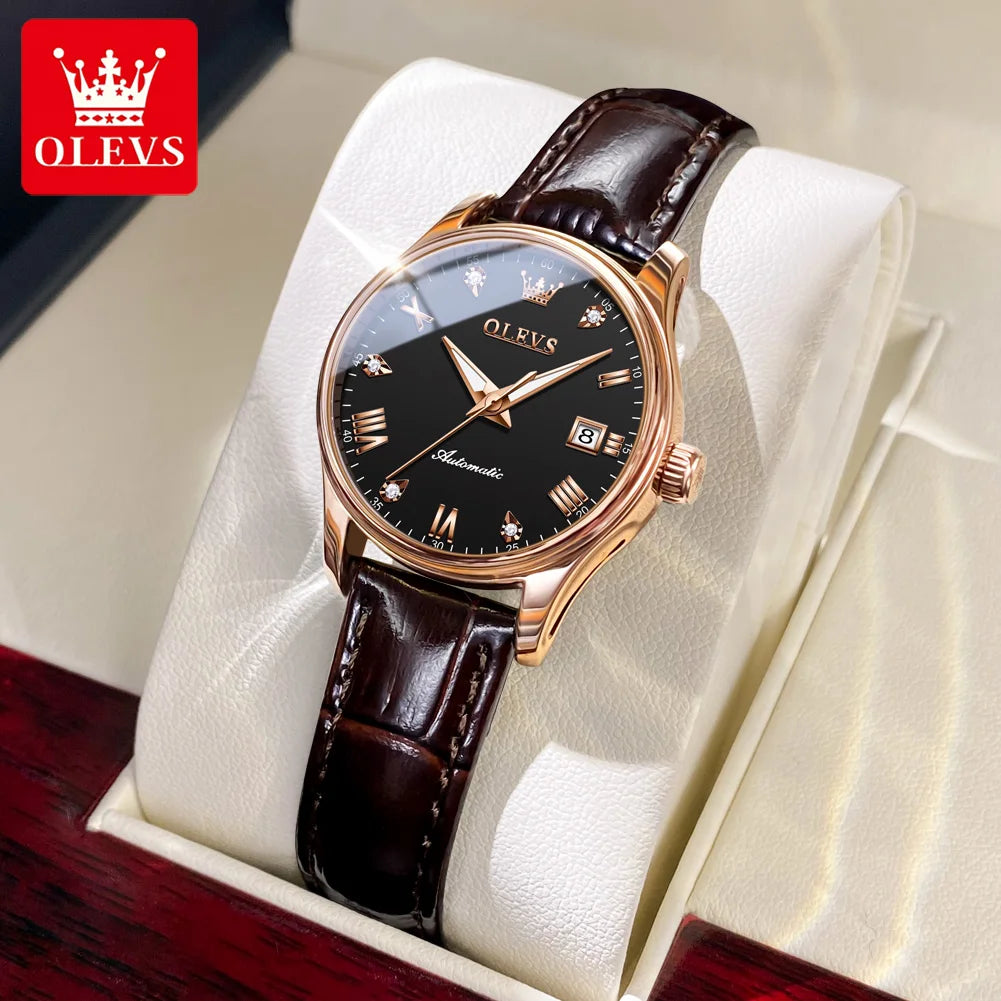 OLEVS 9932 Women's Automatic Mechanical Wristwatch Leather Strap Waterproof Dual Calendar Wristwatch Luxury Elegant Ladies Watch