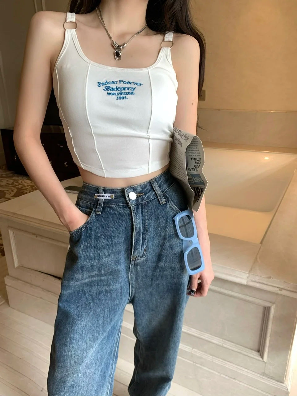 Women Embroid Letter Tank Tops With Bra Pad Casual Camis Y2K Crop Tops For Women Shoulder Belt Iron Ring Tank Tops