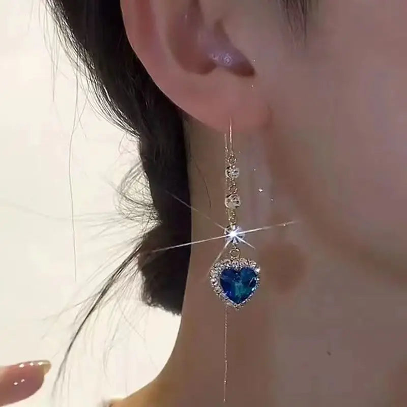 New Blue Heart Shaped Zircon Earrings For Women Light Luxury Long Tassel Ear Wire Dangle Earring Ladies Wedding Party Jewelry