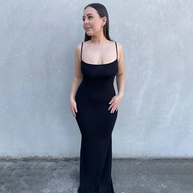 Y2K Backless Sexy Maxi Dress for Women 2025 Spring Slip Sleeveless Slim Party Concise Платье Female Bodycon Black Dress Vestidos