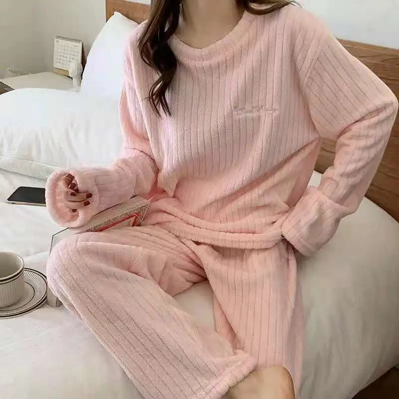 Autumn Women Solid Warm  Thicken Velvet Ribbed Fleece Set Pullover And Pants Women Casual Pajama Sets 2024