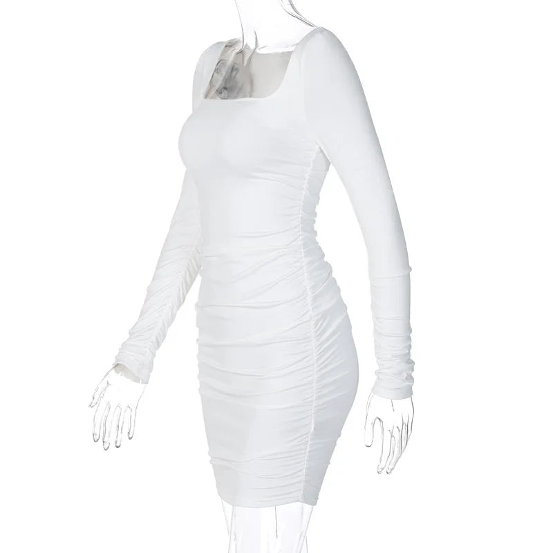 Elegant Square Collar Long Sleeves Folds Slim Bodycon Dress Women Solid Color Skinny Mini Dress Sexy Club Party Vestidos