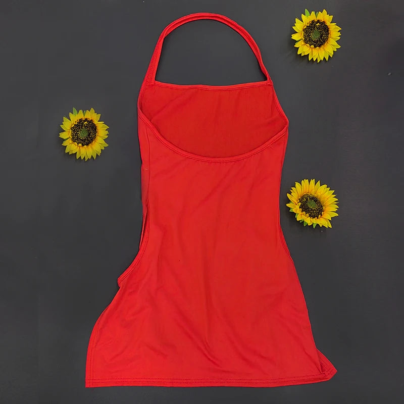 New Solid Color Sling Mini Dress Metal Buckle HollowHip Deep Split Metal Circle Decoration Hottie Girls Spicy Clubwear Street