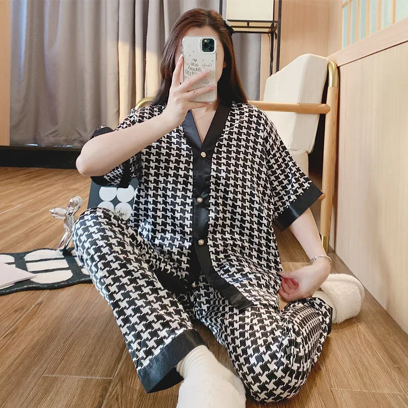 Pajamas Women Ice Silk Cardigan Short Sleeve Long Pants Fashion Casual Silk Wearable Homewear Green Letter Suit