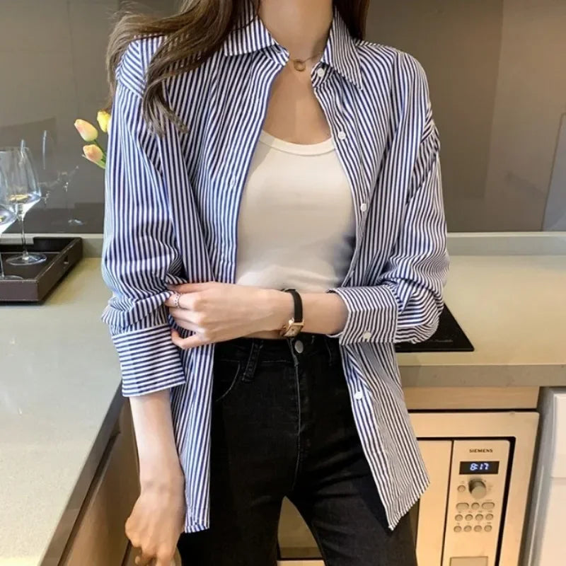 Korean Loose Shirt Classic Striped Woman Spring Autumn Blouses Shirt Lady Long Lantern Sleeve Stand Collar Loose Blusas Tops