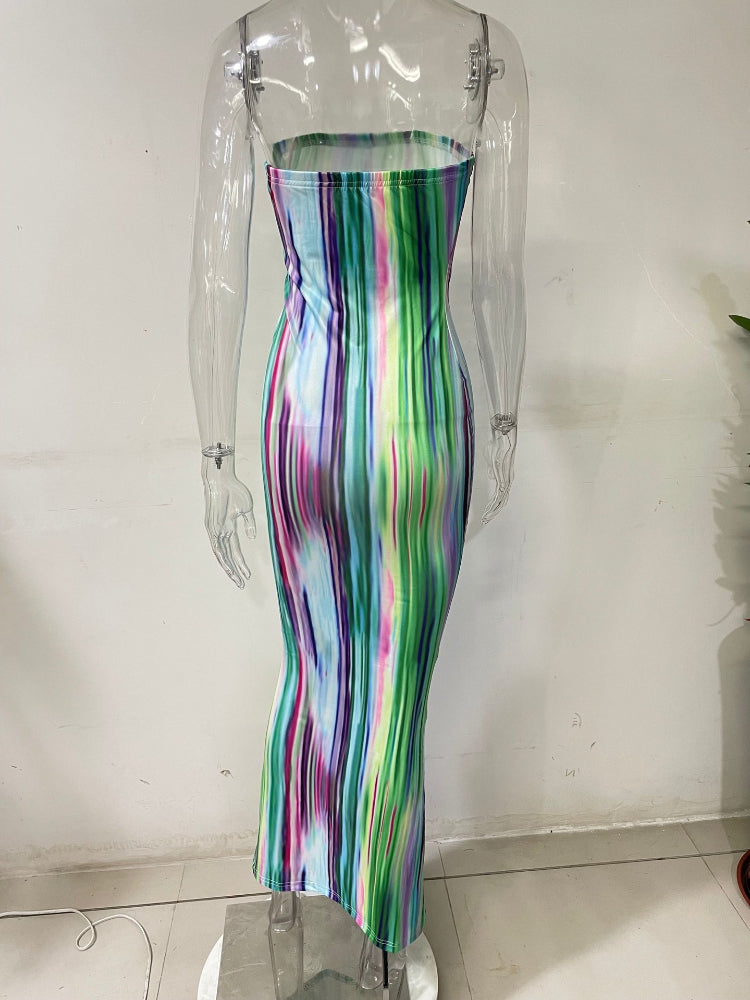 Sexy Boho Style Colorful Striped Tie-dyed Long Maxi Dress Women Strapless Sleeveless Bodycon Dress Elegant Club Party Vestidos