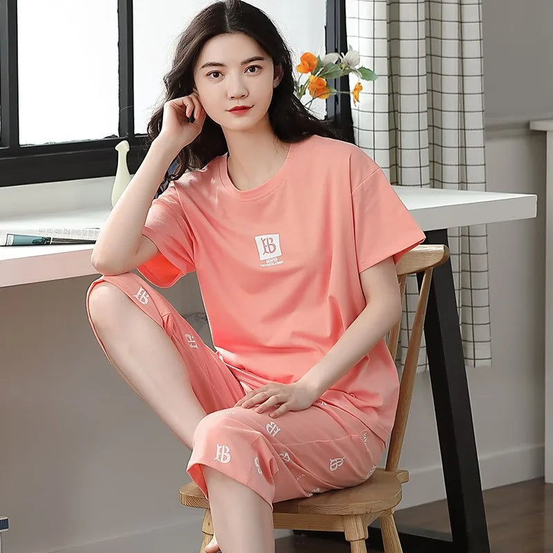 Women Sleepwear Half-Sleeve Seven-Quarter Trousers Student Nightwear Homewear Set Round Neck Cartoon Ladies Pajamas Loungewear
