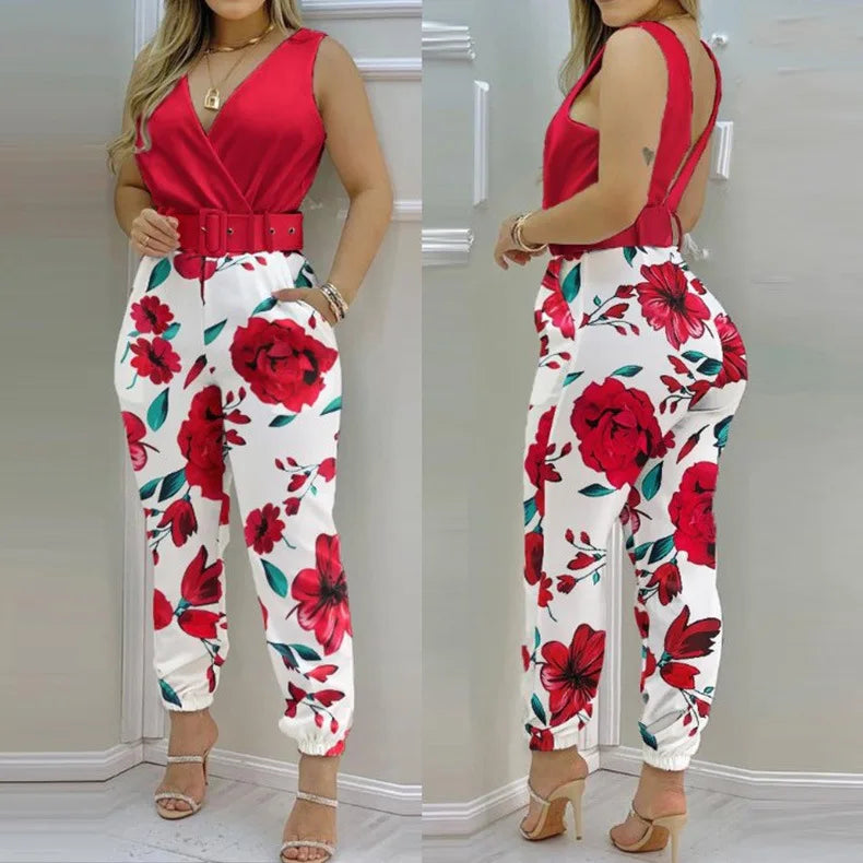 New Casual Women's Pants Women's V-neck Open Back Printed High Waist Jumpsuit Women (including Belt) Spring and Summer 2023