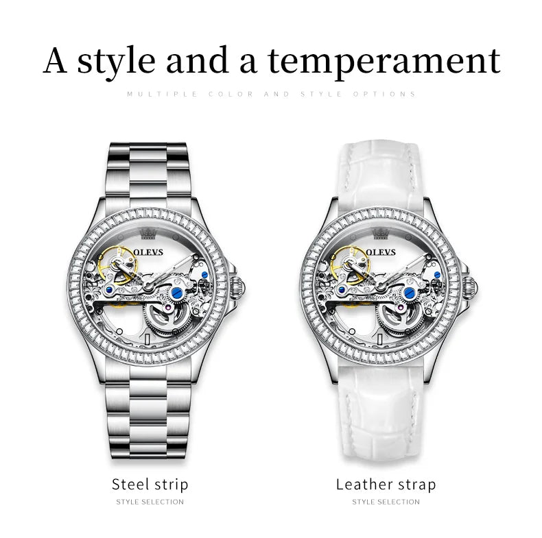 OLEVS Luxury Women Automatic Mechanical Watch Stainless Steel Diamond Inlay Fully Hollow Design Luminous Dial Elegant Wristwatch