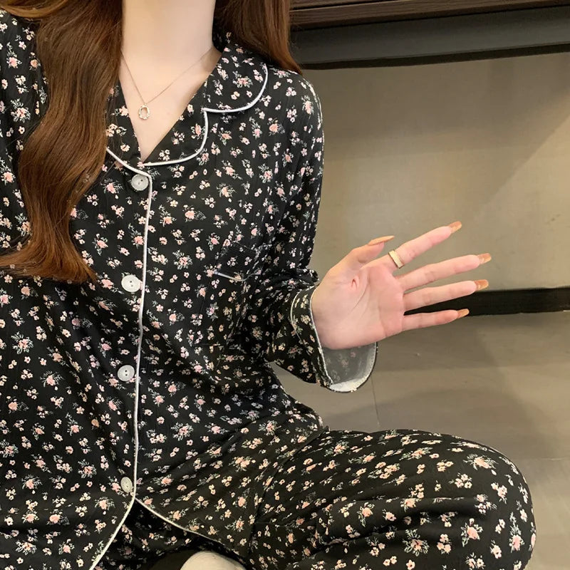 Spring and Autumn New Women's 2025 Printed Wrinkled Cloth Pajamas Girls Long-Sleeved Sweet Small Flowers Pajamas Homewear Set