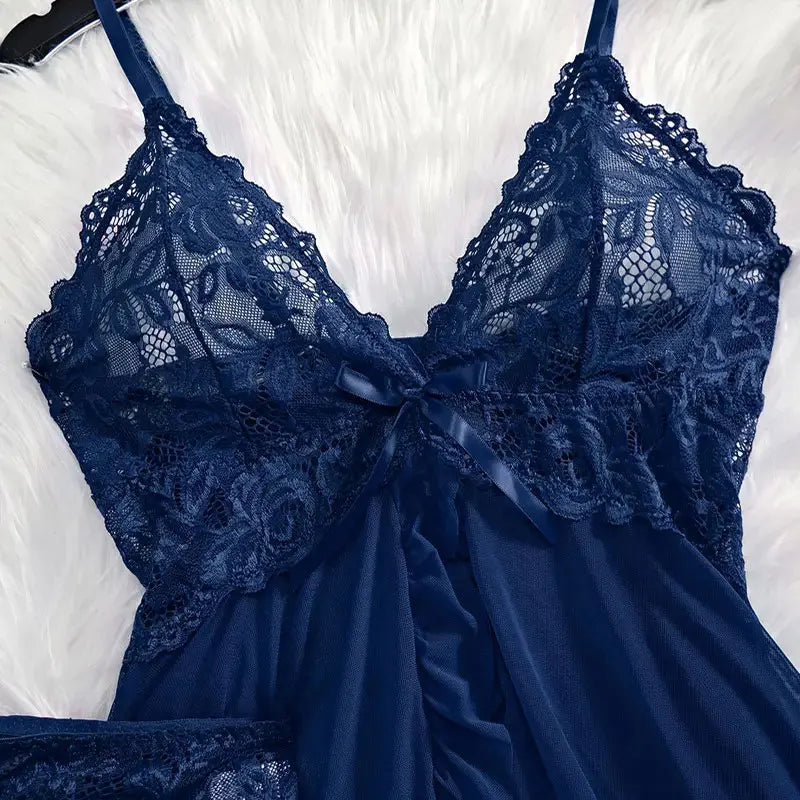 Halter Summer Dress V-neck Lace Tulle Nightgown Sexy Panties Women's Pajamas Plus Size Lingerie Delicate Set Ultra-thin Homewear