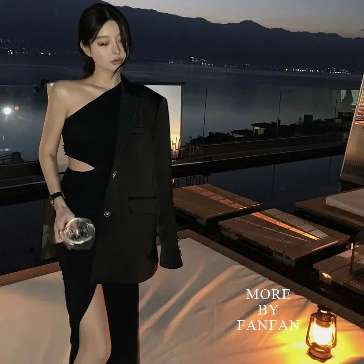 Summer New Oblique Shoulder High Waist Split Sexy Bodycon Dress Korean Elegant Women's Party Dress for Special Occasions
