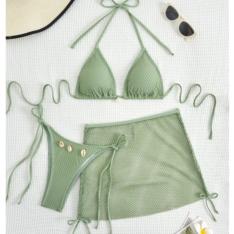 New Sexy Net Bikinis Female Swimsuits Women Three-Piece Swimwear Beach Swim Wear Bathing Suits Brazilian Bikini Set Pool Bather